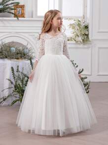 青少年女孩蕾丝边深 V 网眼派对礼服，优雅公主礼服，适合作为生日礼物、派对、婚礼伴娘、舞会、节日庆典 - 白色 - 查看 3