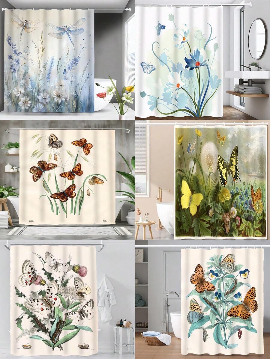 [1/4 套森林主题浴室装饰] 1/4 套蜻蜓和花卉印花浴室装饰套装，由编织涤纶制成，森林主题，带衬里，防褪色，带绳，包括防水浴室配件、浴室垫和马桶座套，带 12 个挂钩，适合 180x180cm 母亲节鲜花、给妈妈的个性化礼物、最后一分钟的礼物、母亲节创意、母亲节礼物、给妈妈的手工卡片、50 美元以下的最佳母亲节礼物