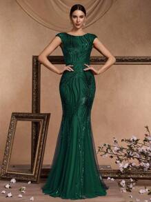 Vestido de noche con cuello redondo y mangas cortas con decoración de lentejuelas para mujer, vestido formal elegante para graduación, cena, fiesta de primavera y vacaciones - Verde Oscuro - Ver 5