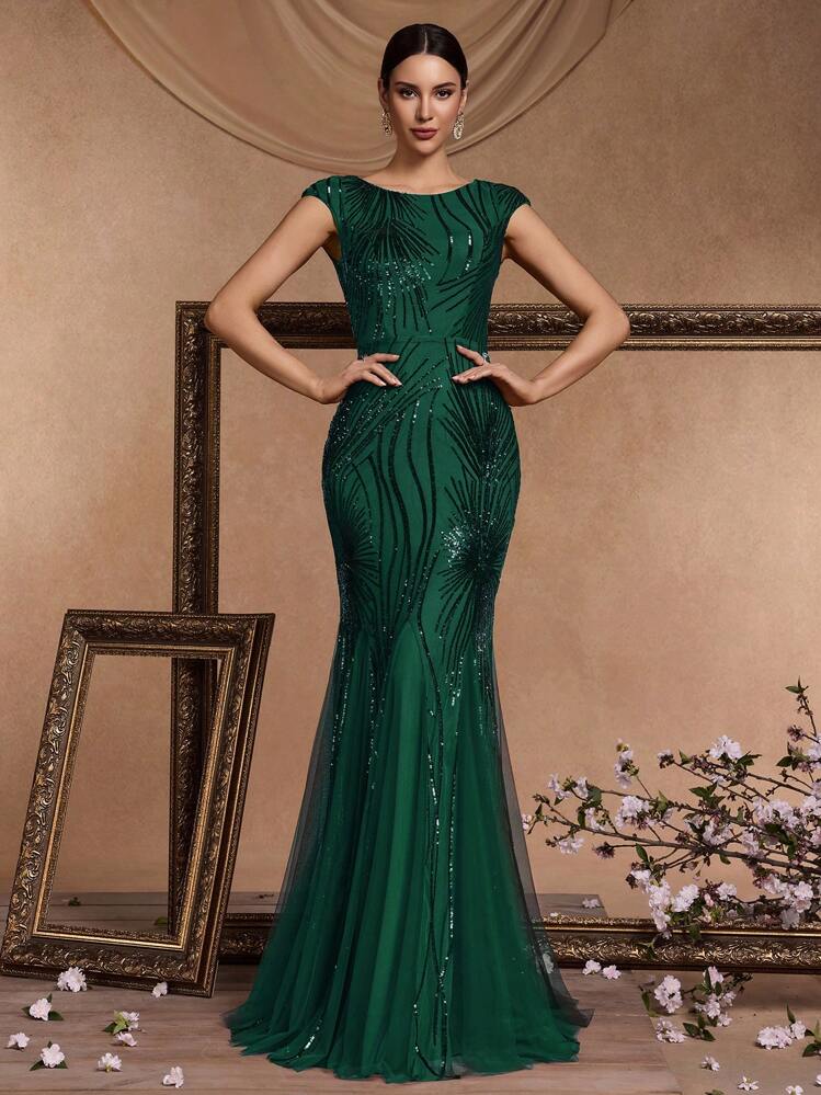 Vestido de noche con cuello redondo y mangas cortas con decoración de lentejuelas para mujer, vestido formal elegante para graduación, cena y fiesta de primavera - Verde Oscuro - Añade 5