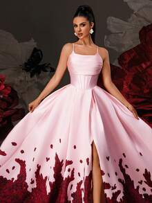 优雅的粉色细肩带长款舞会礼服，配以红色艺术渐变印花，女士舞会礼服，正式晚礼服，婚礼宾客礼服，公主奢华礼服，派对礼服 - 粉色 - 查看 7