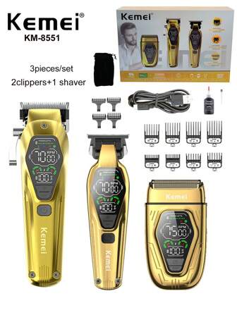Kemei Set de aseo profesional 3 en 1 para hombres, incluye cortadora de pelo eléctrica, recortadora de pelo eléctrica y recortadora de pelo T-Blade con corte al ras de 0 mm, set de afeitadora eléctrica, gran regalo para hombres