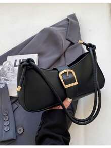 Versatile Minimalist PU Plain Buckle Shoulder Bag, Simple And Fashionable - Black - View 2