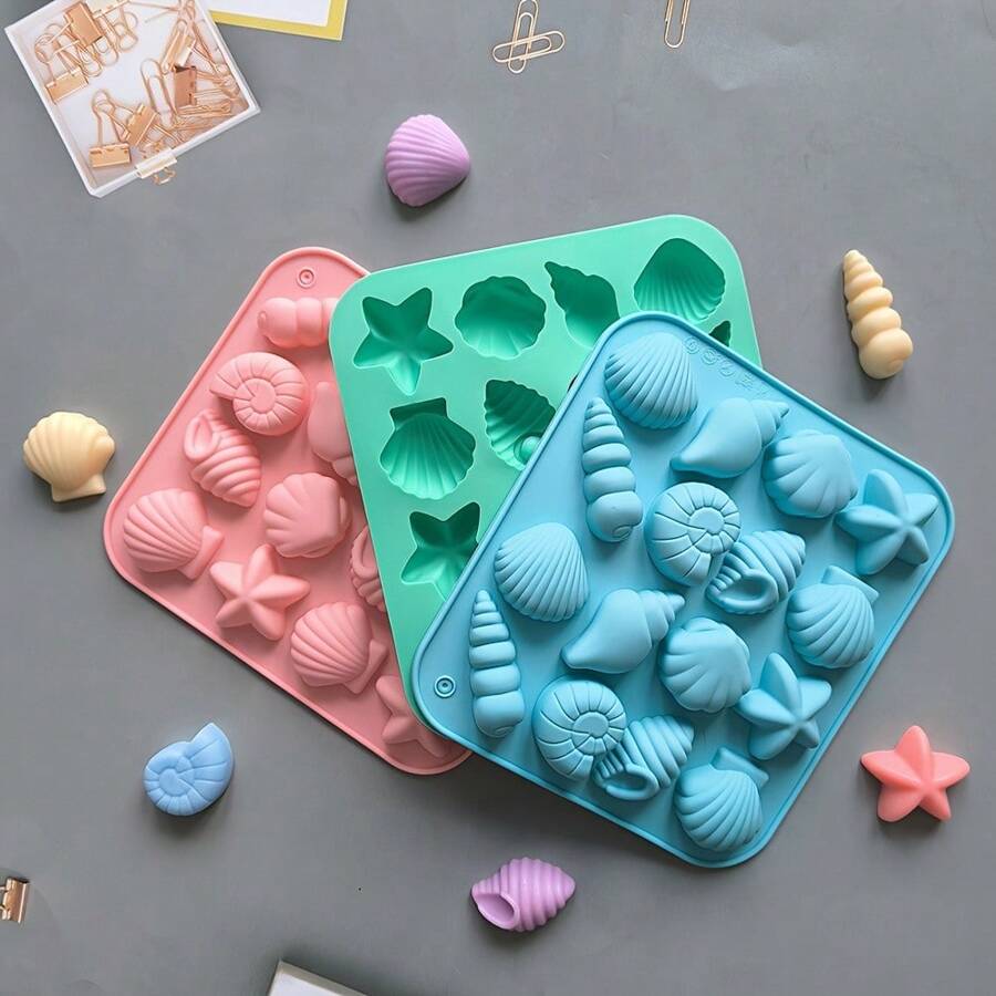 1/3pcs 12-Cavity Silicone Conch Shell Starfish Shape Candy Chocolate Ice Cube Mold, Kitchen Handmade Homemade Baking Tools, Gift For Father