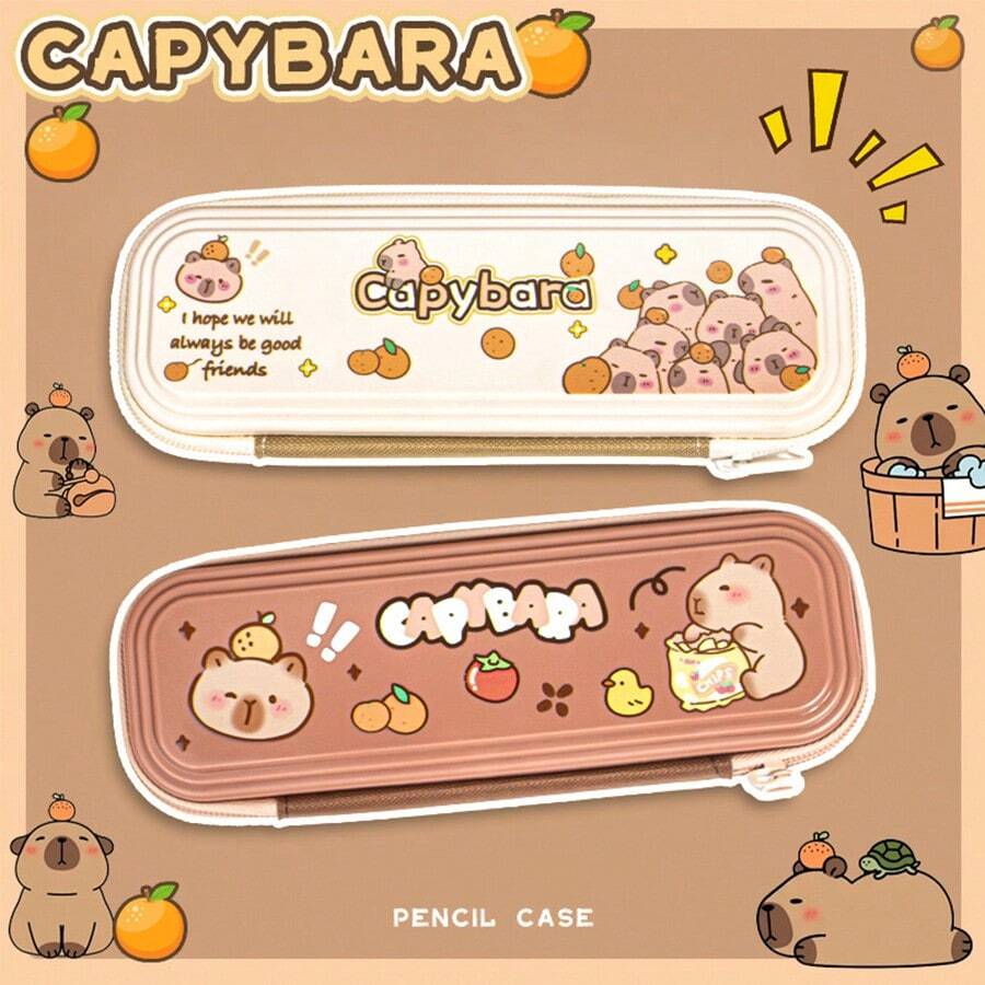 1pc High-Capacity Capybara Dual Layer Pencil Case, Cartoon Pencil Box Stationery Storage Pouch, Suitable For School Students - Multicolor - View 1