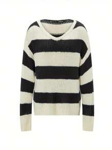 Women's Fall Striped Sweater Drop Shoulder Long Sleeve V-Neck Loose Knitted Tops - Màu xanh hải quân - Xem 4