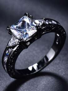 1pc Fashionable Couple Rings - 1pc Stainless Steel Men's Wedding Band & 1pc Elegant Princess Square Cut Women's Engagement/Wedding Ring, Bridal Jewelry Gift - Gun Black - View 8