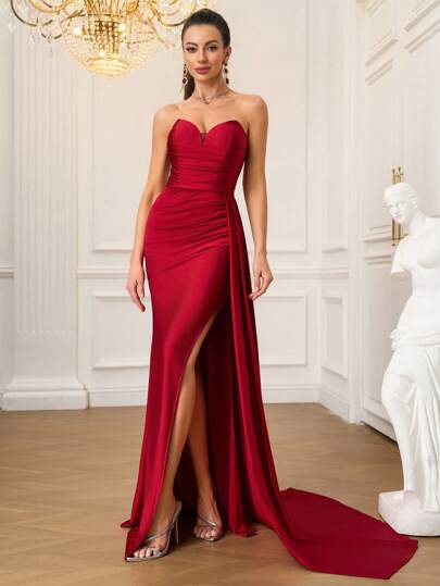 Red Bride Party/Banquet Dress, Strapless Long Bridesmaid Gown, Wedding Dress, Formal, For Evening, Wedding Guest