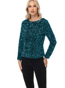 Women's Sequin Tops Sparkly Long Sleeve Glitter Evening Party Concert Shirt Blouse - Teal Blue - View 6