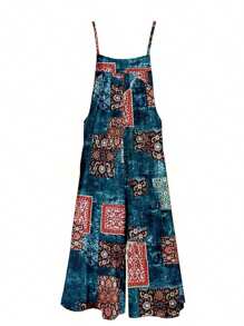 Women Spaghetti Strap Jumpsuits Retro Printed Sleeveless Summer Wide-Leg Rompers Overalls - Blue - View 8