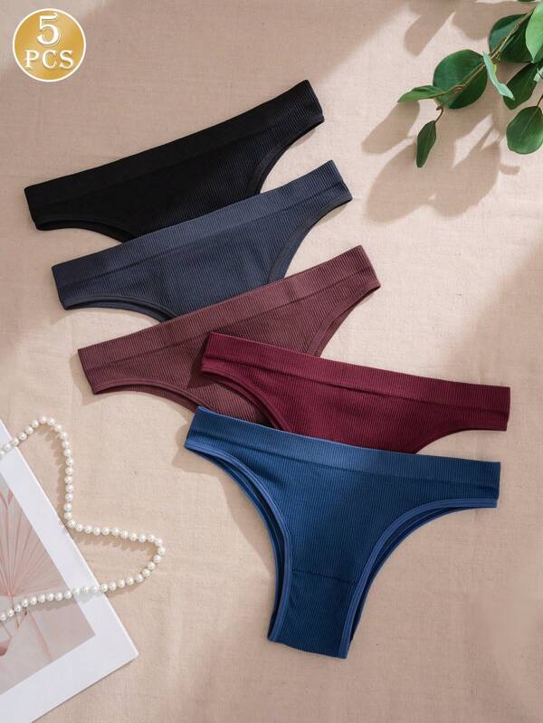 Set de 5 piezas/Paquete de bragas sin costuras de talle súper bajo y cintura moldeada de punto, multicolor