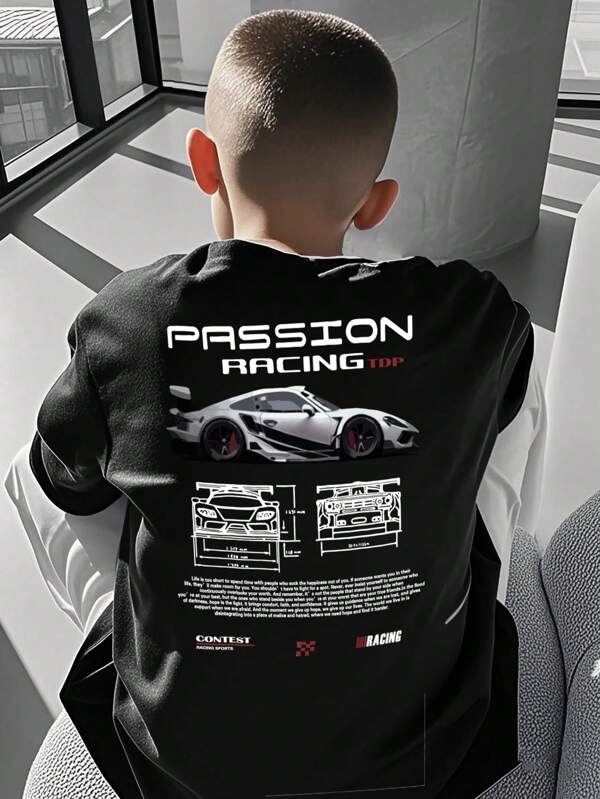 Boys & Teens Students Casual Printed Crew Neck Short Sleeve T-Shirt, Summer Top