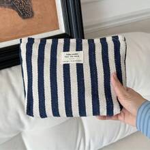 1pc Fresh Striped Cosmetic Bag, Large Capacity Portable Minimalist Women Makeup Pouch Makeup Travel Toiletry Organizer Essentials Gifts Storage Zipper Accessories Nail