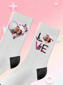 1 par de calcetines casuales y cómodos de media caña para parejas, personalizados con imágenes de amor
