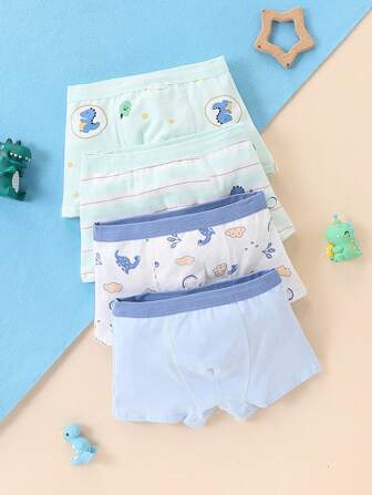 4pcs/Pack Young Boy Cartoon Dinosaur Printed Boxer Briefs, All Seasons