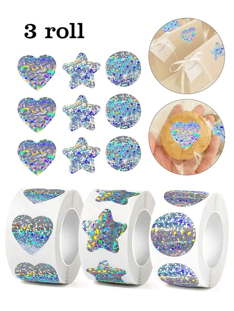 3 卷/套全息贴纸组合 - 星形、圆形、心形 - 适用于 DIY 工艺礼品盒、商业包装、派对礼品、信封封口、防水、不粘