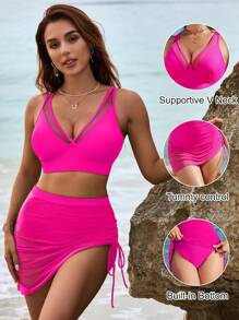 Womens Swim Skirt High Waisted Bikini Sets Tummy Control Swimsuits Mesh Sarong Wraps Bathing Suits - Màu Hồng Tươi - Xem 2