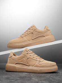 男士简约字母图案低帮系带平底情侣休闲鞋，时尚百搭，适合户外、通勤、运动休闲运动鞋 - 卡其 - 查看 2