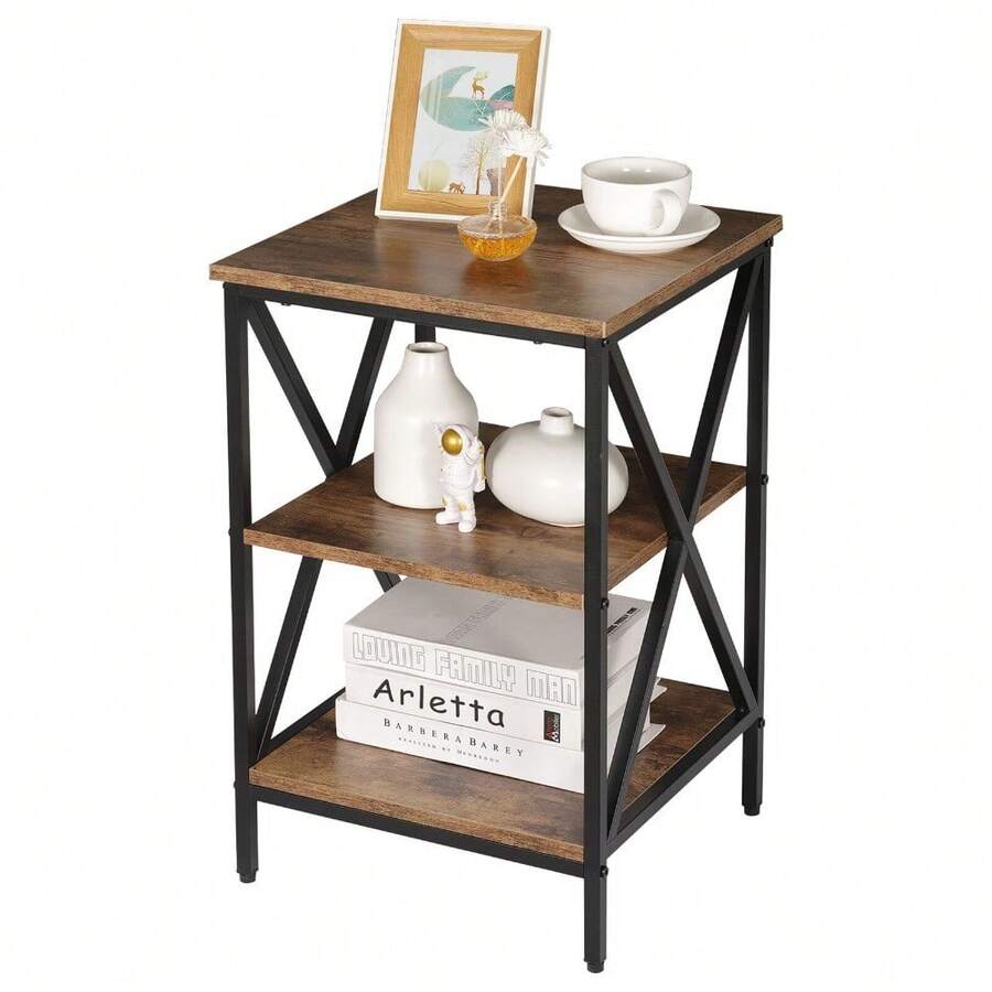 3-Tier End Table Square Wood Sofa Side Table X-Design W/Storage Shelves 3 Color