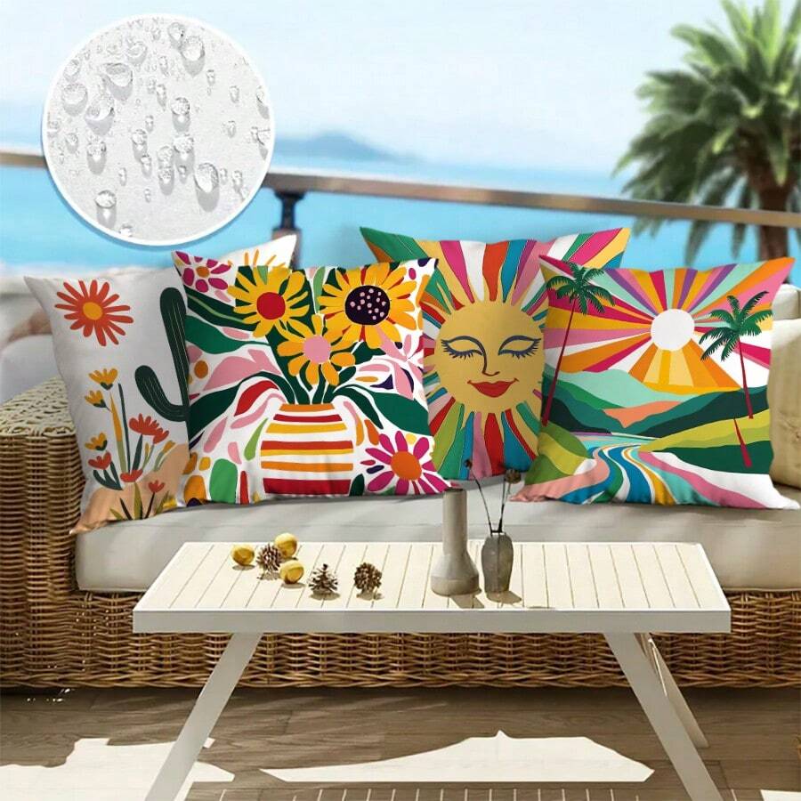 4 Stücke, Outdoor Segeltuch wasserdichte Kissenbezüge, tropischer Wüsten Sonnen Fluss Muster Kissenbezüge, geeignet für Hof Dekoration Sofa Relaxsessel Schaukelliege Kissen Bezüge, ohne Füllung.