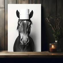1 Pieza Obra de arte en lienzo con marco de madera - Caballo caprichoso con sombrero de papel higiénico, listo para colgar, marco de 2,25 cm / 0,9 pulgadas de grosor, decoración de pared de alta calidad para dormitorio, baño, sala de estar, regalo único para vacaciones y cumpleaños, decoración de baño | Arte de pared único | Impresiones artísticas de alta calidad, regalos para amantes de los caballos - Negro - Ver 2