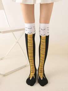 1 Pair Men's Black Slimming Chicken Claw Over-The-Knee Socks, Long Leg Socks With Animal Novelty Design, Cute & Elongating, Size 39-46, Cozy - Black - View 4