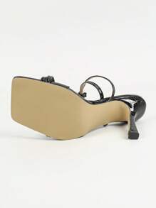 性感女士影响者风格高跟凉鞋，9厘米细高跟鞋，黑色，适合派对、婚礼，优雅，露趾，踝带，高跟鞋（随机不对称石纹面料）