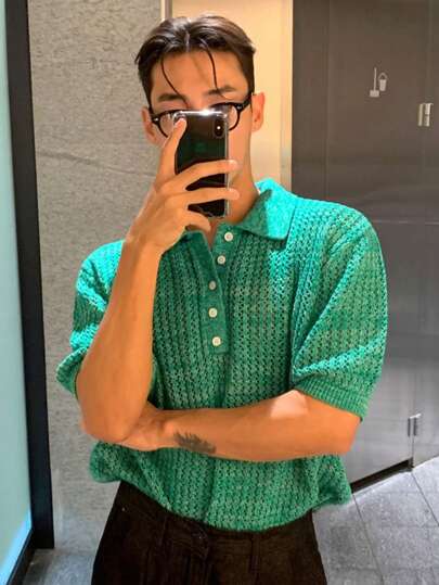 男士纯色短袖单排扣日常休闲宽松针织衫，复古美式风格，男女皆宜的夏季穿搭，适合日常穿着，宽松版型，夏季度假装扮