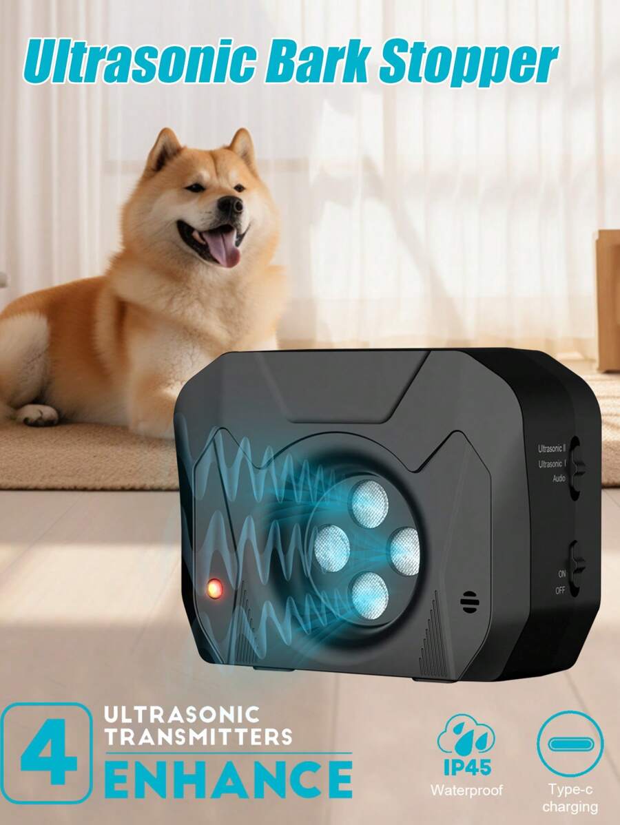 جهاز منع النباح الأوتوماتيكي بالموجات فوق الصوتية الجديد، مدرب الكلاب، مانع النباح، تدريب، صوت فوق صوتي وتشغيل ب- 3 مستويات، متين ومقاوم للماء بمعيار IP45، يمكن تعليقه على الأشجار أو في أي مكان بالمنزل أو خارجه