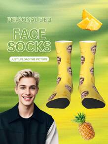 1 Pair Customized 3D Digital Heat Transfer 360° Print Face Pattern Mid-Calf Socks, Pineapple Design, Personalized, Comfortable Breathable Fashion Streetwear Socks, Suitable As Friends & Family, Couple, Holiday, Vacation Gift - Multicolor - View 1