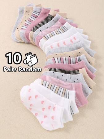 10 Pairs Cute Striped & Heart Print Kids Ankle Socks For Boys & Girls - Multi-Color Toddler Socks, Soft & Comfortable Children's Short Socks