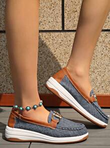 Women Platform Low Top Loafers, Casual Solid Color Round Toe Belt Buckle Moccasin Boat Shoes - Dusty Blue - View 6