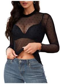 Women's Mesh Long Sleeve Top, Lace Sheer Blouse, Stand Collar Polka Dot See-Through Shirt, Black Dot Fishnet Top - 黑色 - 查看 3