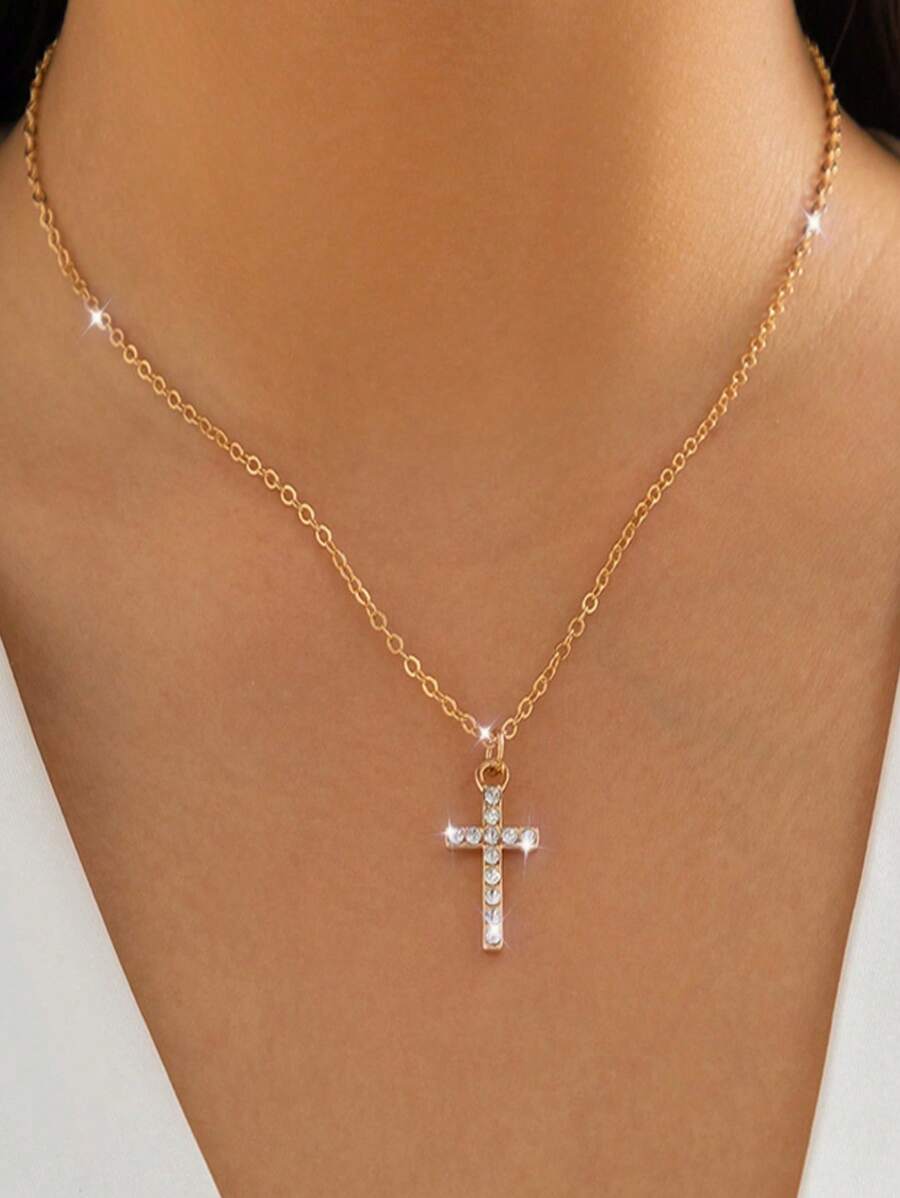 女士水钻镶嵌吊坠项链，精致百搭，适合送给她的礼物 - 金黃色 - 查看 1