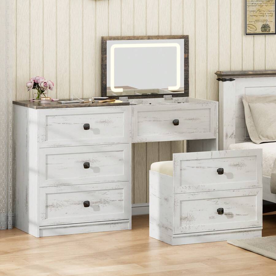 3 In 1 Vanity Desk With 3-Color Lights, Flip Top Mirror Makeup Vanity Set With Gun Drawer,Compact Vanity With Charging Station, 3 Drawers & Hidden Lock & Padded Stool - 白色 - 查看 1