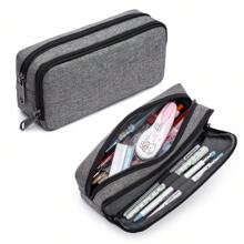 1pc Large Capacity Pencil Case, Simple Solid Color Multi-Function Dual Layer Stationery Box, Student Essential