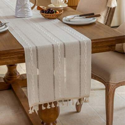 Tapete de mesa minimalista estilo francés de unicolor, con bordado geométrico de rayas blancas en forma de diamante, decoración de flecos huecos para cocina, mesa de café, soporte de TV, reuniones festivas, fiestas de cumpleaños, para todo el año