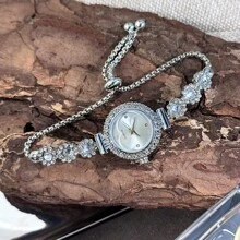 1 件女士水钻和珠饰拉绳手链手表，优雅石英手表，带水晶涂层表盘和表壳 - 銀色 - 查看 4