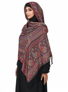 1 件复古佩斯利和格子锦缎印花羊绒围巾，柔软休闲波西米亚流苏披肩，适合日常通勤、旅行、外套装饰 - 彩色 - 查看 14