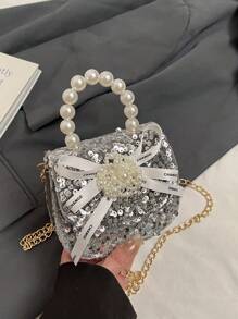 Pu Magnet Closed Fashion Bow Sequin Pearl Handbag Bag, Niche Design Exquisite Girls Lipstick Dinner Chain Bag Comfortable Sweet Fashionable One-Shoulder Crossbody Mini Bag, Smooth And Versatile And Not Picky, Suitable For Daily Outings, Play, Use The Perfect Gift For Girls, Friends, And Relatives. - Pearl Handbag - View 12