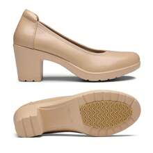 Wide Fit Women's Chunky Low Block Heels Work Pumps Comfortable Casual Round Closed Toe Dress Wedding Shoes - Màu be - Xem 9