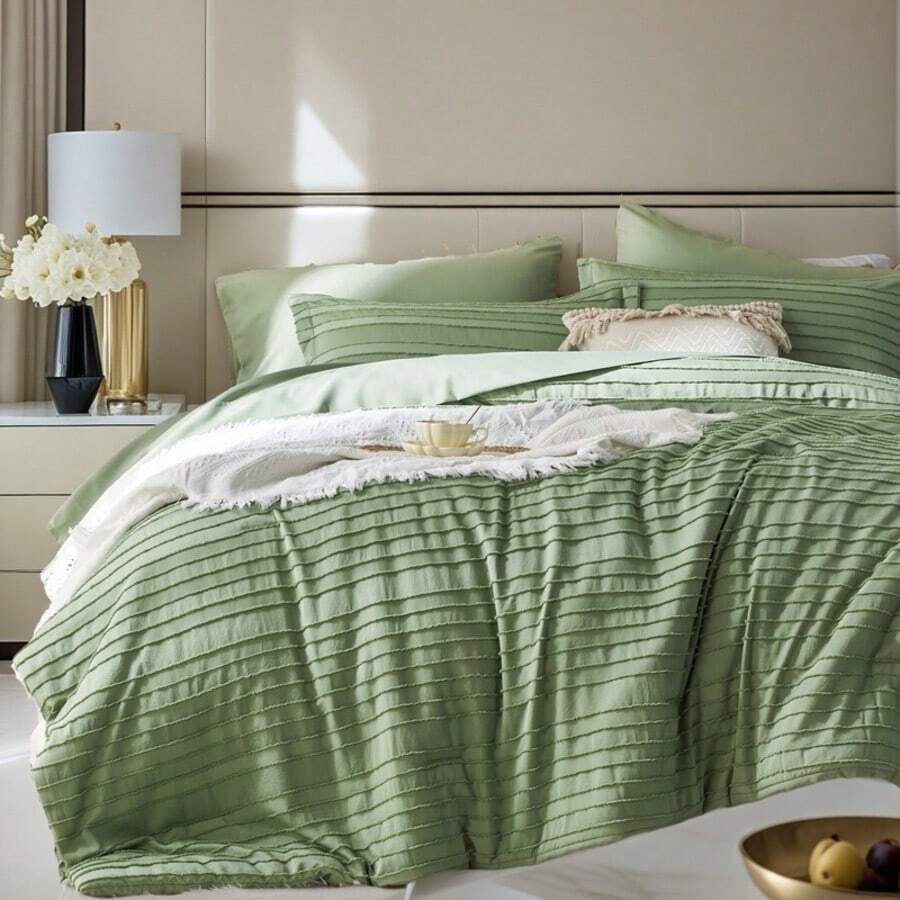 7 Piece(Queen / King) Bed In A Bag Comforter Set, Stylish Solid Comforter, Soft Microfiber, Comfortable And Warm, Cloud-Like Soft Bedding Set, Bedroom Decor For Spring/Summer/Autumn/Winter,Ideal Gift - 綠色 - 查看 1