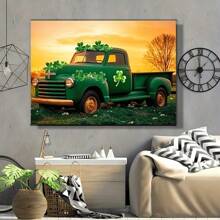 A Wood-Framed Canvas Painting, St. Patrick's Day Vintage Green Truck And Four-Leaf Clover, Room Decor, Wall Art Deco Canvas Poster, Unique Style Canvas Painting, Modern Vintage Print Painting- 1 Piece Of Wood Framed Oil Painting (3) Thickness 2.5 Cm/ 1 Inch- Home Decoration For All Occasions - Ideal New Year, Valentine's Day, Thanksgiving, Easter, Christmas Gift , Room Decoration Aesthetic, Wall Decoration Art, Perfect Gift, Autumn And Winter Wall Decoration, Living Room Decoration, Bedroom Decoration, Kitchen Decoration, Entry Decoration, Bathroom Decoration, Direct Wall Painting, High Quality Wall Painting Poster