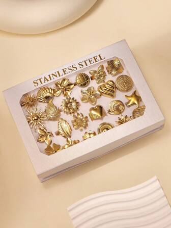 6 st rostfritt stål gyllene blomsterdekorset, lämplig för kvinnors dagliga dekoration eller present, slumpmässig stil skickad, ingen låda ingår