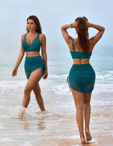 Womens Swim Skirt High Waisted Bikini Sets Tummy Control Swimsuits Mesh Sarong Wraps Bathing Suits - Dark Green - View 4