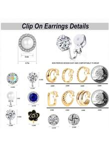 15 Pairs/Set Non-Pierced Earrings, Includes Black Flower Earrings, Blue Cubic Zirconia Ear Clips, Versatile Geometric Cubic Zirconia And Pearl Earring Sets - Multicolor - View 6
