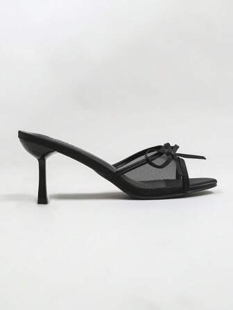 女士网眼透气露趾高跟凉鞋，百搭简约蝴蝶结细高跟拖鞋，夏季新款