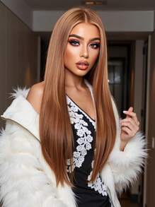 13*3.5高清透明蕾丝前假发蛋白丝高温纤维棕色波浪天然合成自然假发派对婚礼音乐节万圣节礼物 - 彩色 - 查看 2