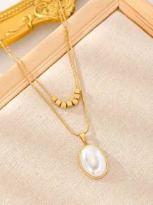 1件优雅轻奢风格镀金不锈钢多层金珠和椭圆形珍珠吊坠叠戴项链，适合女性情人节和日常佩戴 - 金黃色 - 查看 3