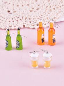 3 Pairs Party Festival Celebration 3D Wine Bottle & Beer Decor Earrings, Jewelry Party Accessories For Women